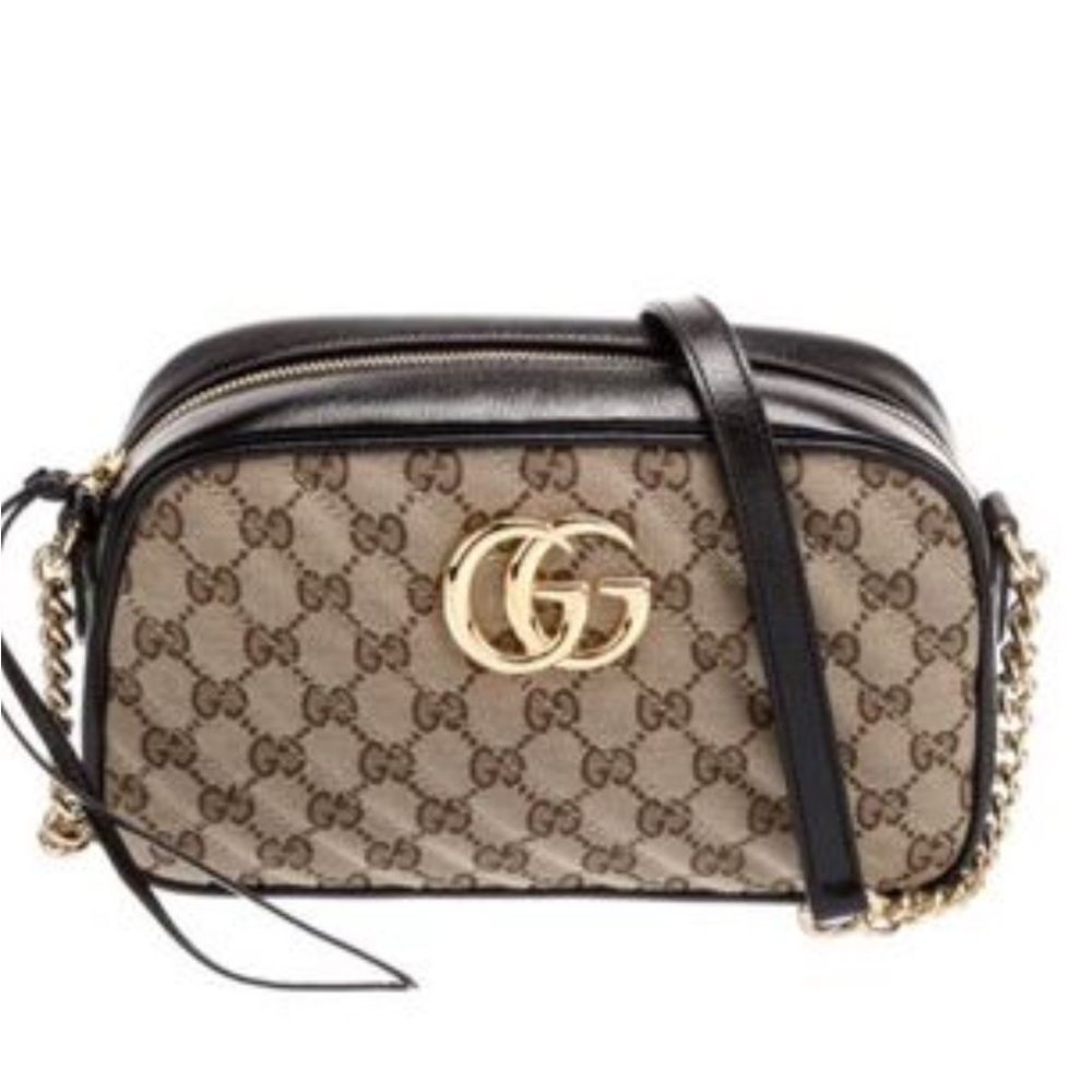 Gucci GG Monogram Canvas Marmont Chain Crossbody Bag Beige Black Women's Small